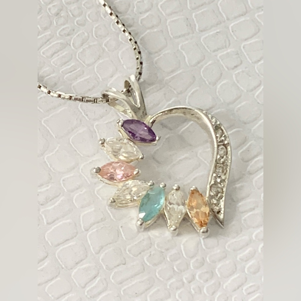 Vintage 925 Sterling Silver Diamond Multi Gemstone Heart Pendant Necklace 17.1/2